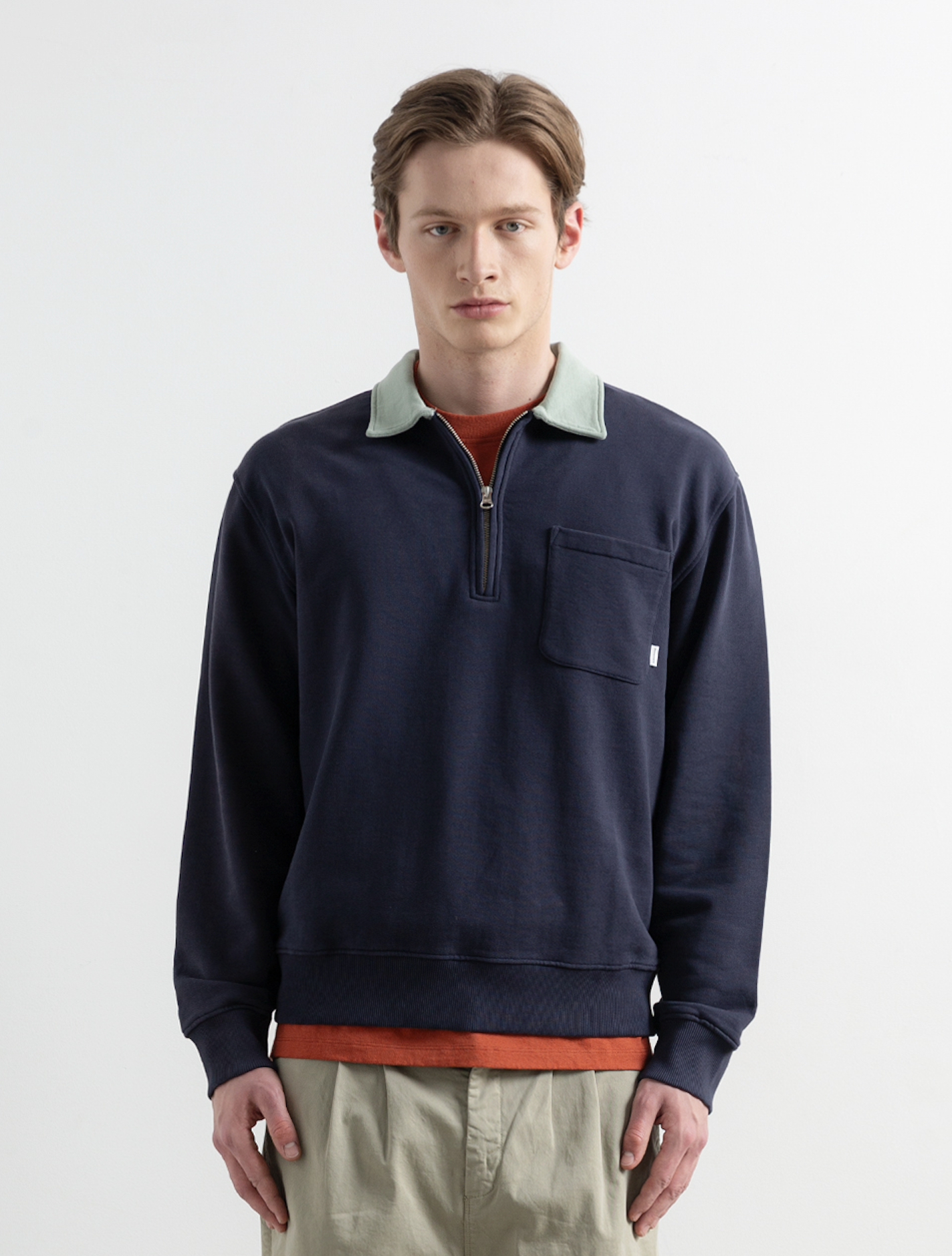 Edmmond Studios Temple Quarter Zip Polo Sweatshirt Plain Navy Mint